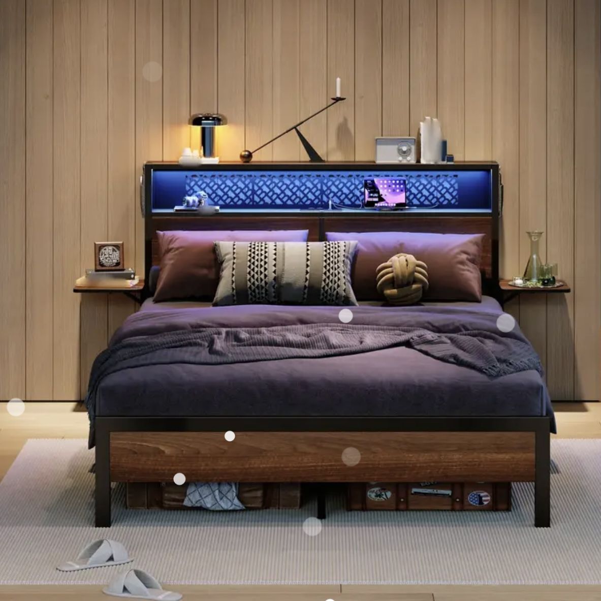 Queen Size Bed Frame Upholstered LED And charging Station 