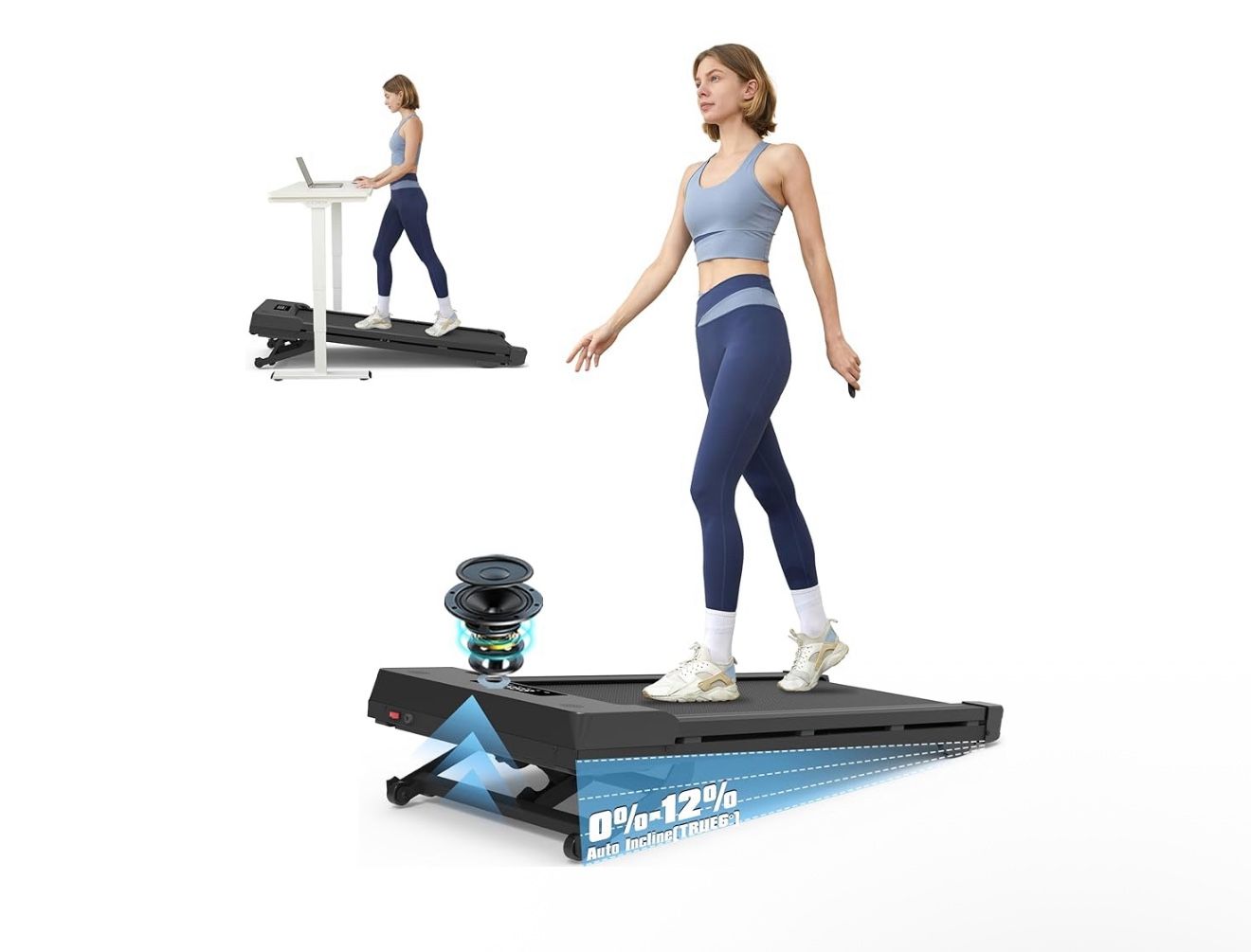 Walking Pad Treadmill with 12% 9-Level Auto Incline, 450 lbs Capacity Bluetooth Speaker Under Desk
