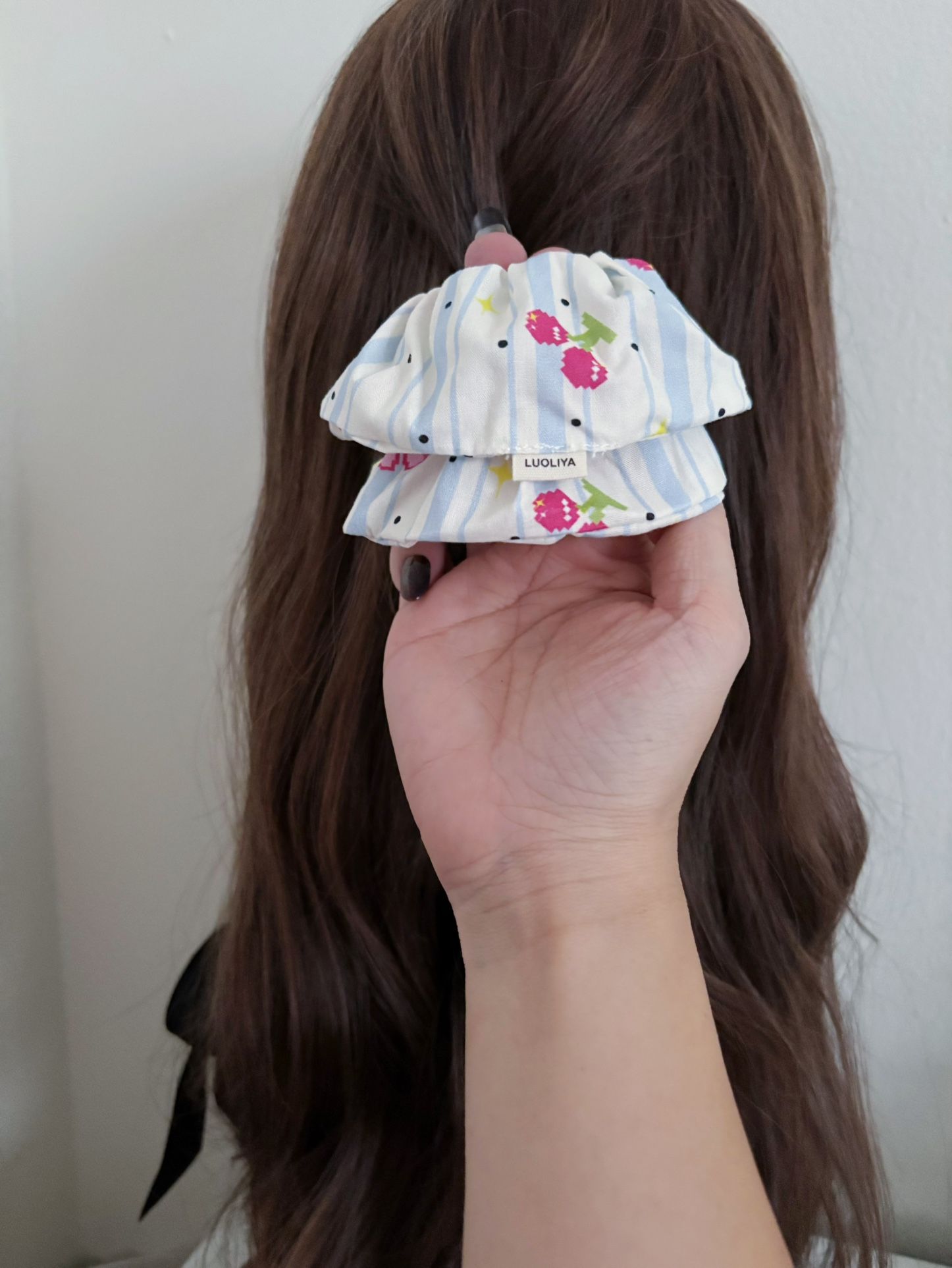 Cream and blue color cute cherry scrunchie
