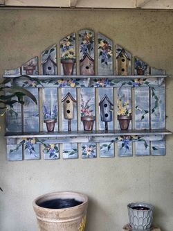 Beautiful Picket Fence Handpainted Wooden Wall Shelf. 4'(H) x 5'(W).