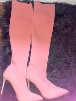 Pink Knee-High Stiletto Sock Boots