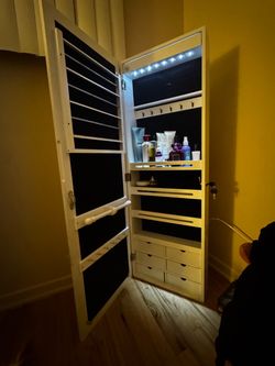 White Mirrored Jewelry Armoire with LED Lights