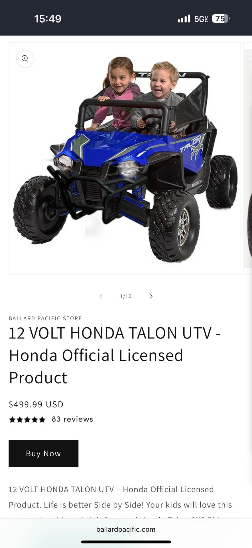 Honda Talon UTV Kids Power Wheel