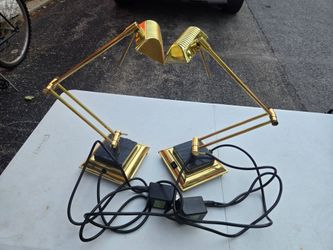 Pair of mid-20th-century modern-style halogen table lamps; brass and stone, adjustable.