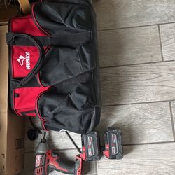 Milwaukee Batteries, Drill And Husky Bag For Sale