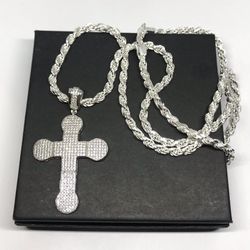 925 Sterling Silver CZ Pave Cross Pendant With Rope Chain necklace Size 24”