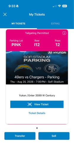Pink Tailgating Pass for 49ers @ Chargers on Thursday 8/20, $90
