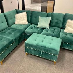 Brand New Green Velvet Sectional With Storage Ottoman