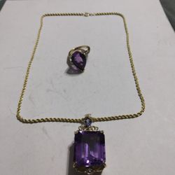 14K Gold Pendant With Amethyst And Chain Lent 14 Inch And 14k Ring With Amethyst And Small Diamonds Size 5 1/4 Use