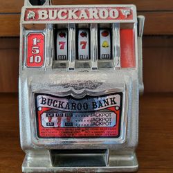 Vintage Buckaroo 3 Reel Slot Machine Table Top Coin Bank made in Hong Kong