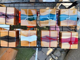 Wooden River coasters,  assorted colors