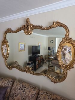 Vintage French Rococo Louis XV Style Gold Wall Mirror w/ Bisque Porcelain Lovers Plaques