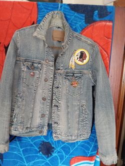 Eagle Outfitters Jean Jacket With Redskins Three Times Super Bowl Champions Pin And Helmet