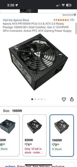 Brand new Apevia ATX-PR1000W PCIe 5.0 & ATX 3.0 Ready Prestige 1000W 80+ Gold Certified, Gen 5 12VHPWR GPU Connector, Active PFC ATX Gaming Power Supp