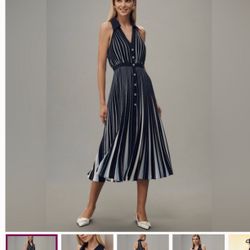 Anthropologie Blue Striped Pleated Halter Midi Dress