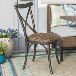 Set of 4 Wicker Black Metal (STEEL) Frame Stationary Dining Chair(s) (INDOOR/OUTDOOR - water proof cushion