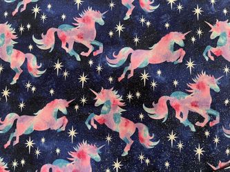 Fa-36 cotton Glittery Fabric With Purply/Pink/Aqua Unicorn