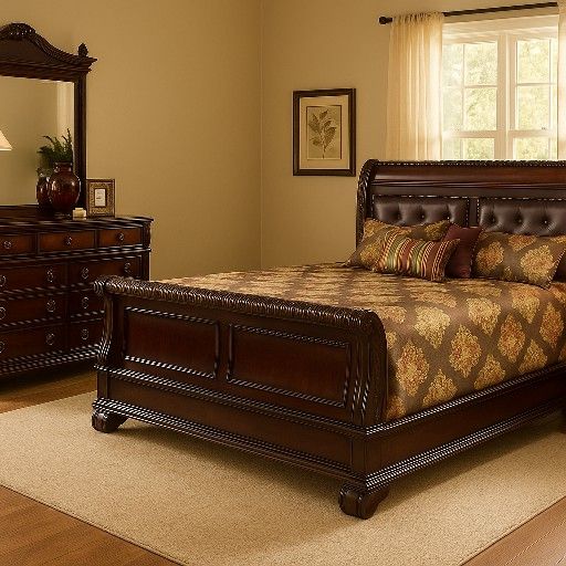 Luxury Queen Size Bed Frame Box Frame And Matress And Dresser with Mirror