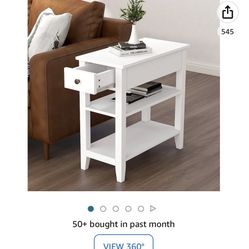 ChooChoo Side Table Living Room, Narrow End Table with Drawer and Shelf, 3-Tier Sofa End Table for Small Space, White