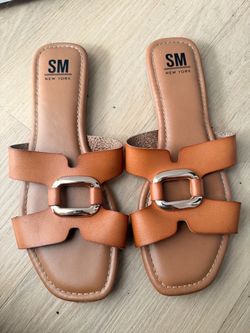 SM New York - Women’s Tan Slide Sandals with Silver Buckle - 10W