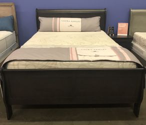 Queen size dark stained gray headboard footboard and side rails - Only $299!