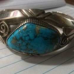 Sterling Silver 925 Indigenous Designer Cuff Bracelet W Natural Turquoise.   110 Grams