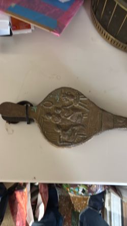 antique wood, brass or tin , and leather fireplace bellow