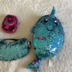 Shimmers 8” Narwhal Sequin/ Sequins Mermaid Aid Travel/ Real Little Micro Backpack. All For $10
