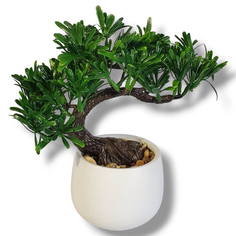 Juniper Bonsai Tree Zen (Fake 9") w/3" White Ceramic Pot for Home/Office Decor