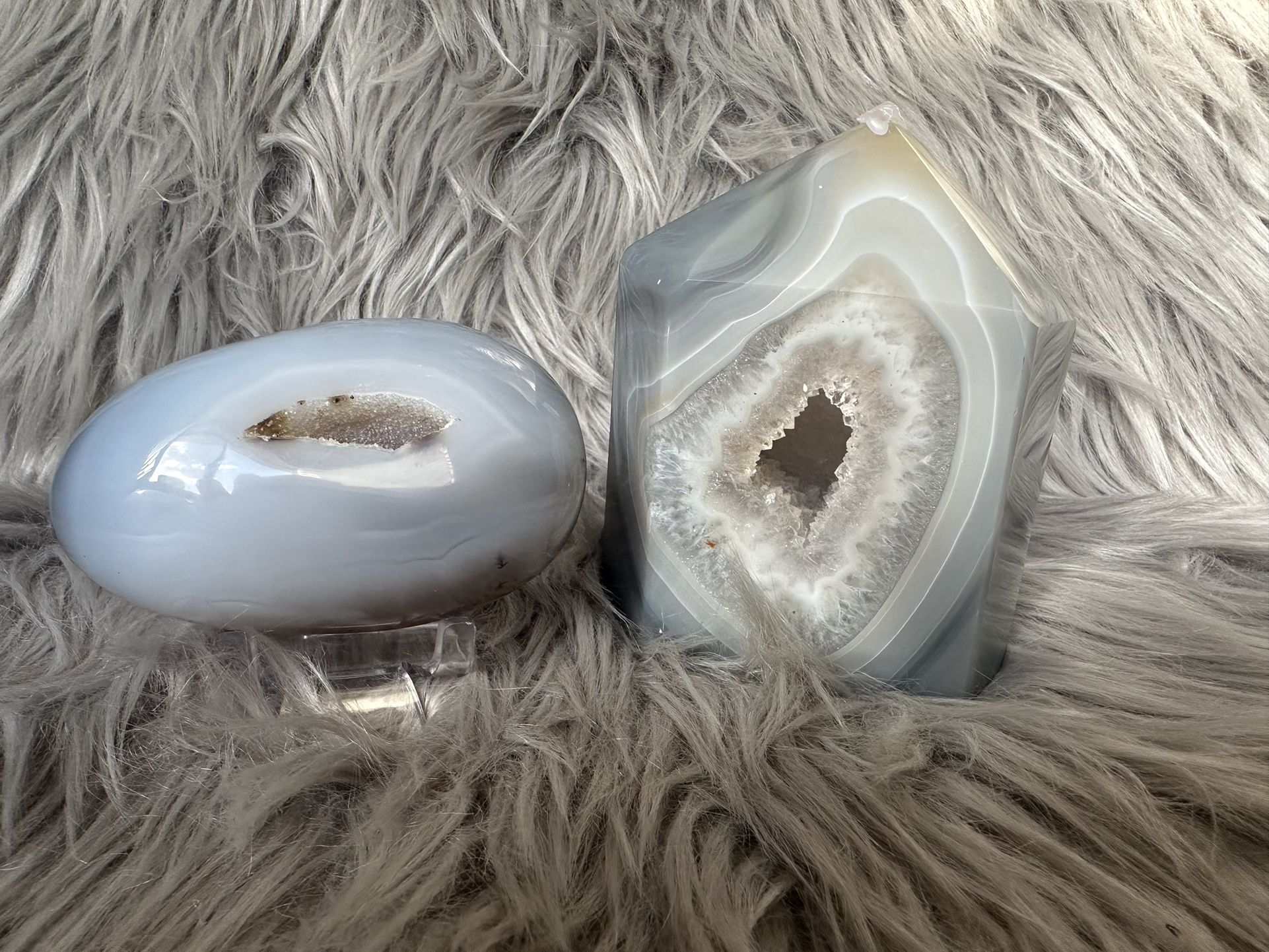 Grey Druzy Agate Tower And Egg Pair