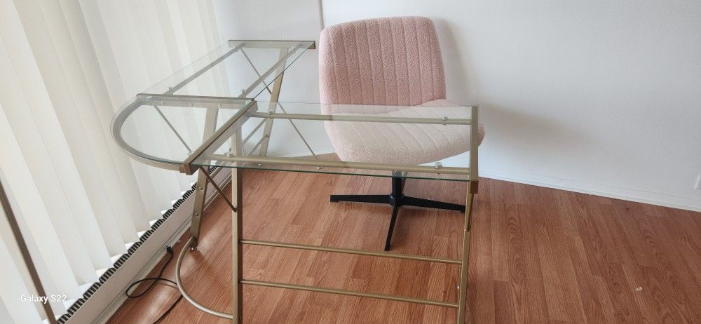 L-Shaped Glass Desk Gold Legs