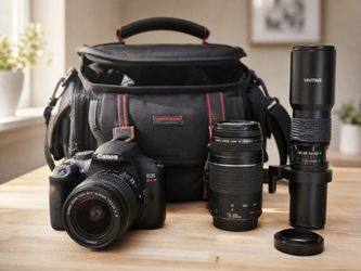 Perfect Condition Canon EOS Rebel T7 DSLR Pro Bundle (3 Lenses incl. 500mm + Bag + Flash)