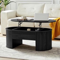 Fluted Coffee Table with Lifting Top, Oval Wood Lift Top Coffee Table with Hidden Compartment, Mid C