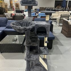 M-New 57 inches Cat Tree for Indoor Cats, Multi-Level Cat Tower w/ 3 Perches, 2 Cat Condos, 2 Hanging Balls and Scratching Posts, Dark Gray