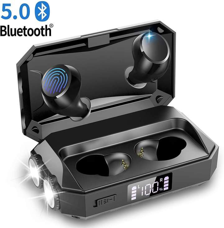 Wireless Earbuds with Flashlight, Touch Control Bluetooth 5.0 Headphones with Charging Case Waterproof In-Ear Earphones E-Book, Passive Noise
