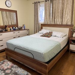 Complete Queen Size Bedroom Set- Bed Frame, Dresser With Mirror, & Nightstand- Good Condition 