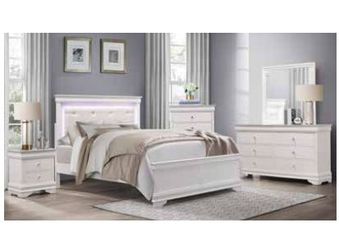 Elegant White 4-Piece Queen Bedroom Set with LED Backlit Headboard. Delivery/Finance Available.