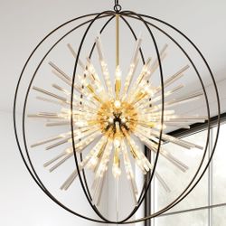New 35”W Large 20Lights Blac &Gold Chandelier High Ceilings Globe Sputnik Dimmable Adjustable Height 