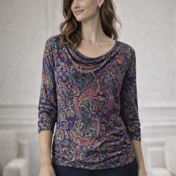 Talbots Petites MP Paisley Top 3/4 Sleeve Stretch Knit Blouse