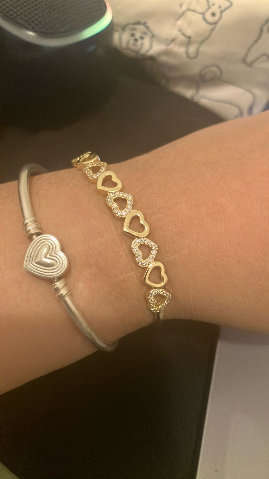 14K Gold Hearts Bangle Adjustable Bracelet with crystals from Swarovski in 14K Yellow Gold Plated