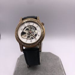 Akribos Ladies Silver Tone Dial Black Leather Strap Automatic Watch AK475RG