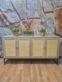 BOHO CHIC STYLE SIDEBOARD OR BUFFET METAL LEGS & RATTAN DOORS BRAND NEW 60X17X32