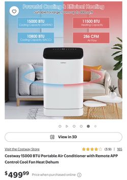 15000 BTU Portable Air Conditioner with Remote APP Control Cool Fan Heat Dehum
