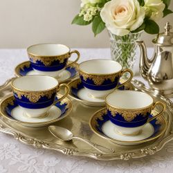 WG&Co. Guerin Limoges Antique 1900s Cobalt & Gold Filigree 4 Tea Cups 6 Saucers