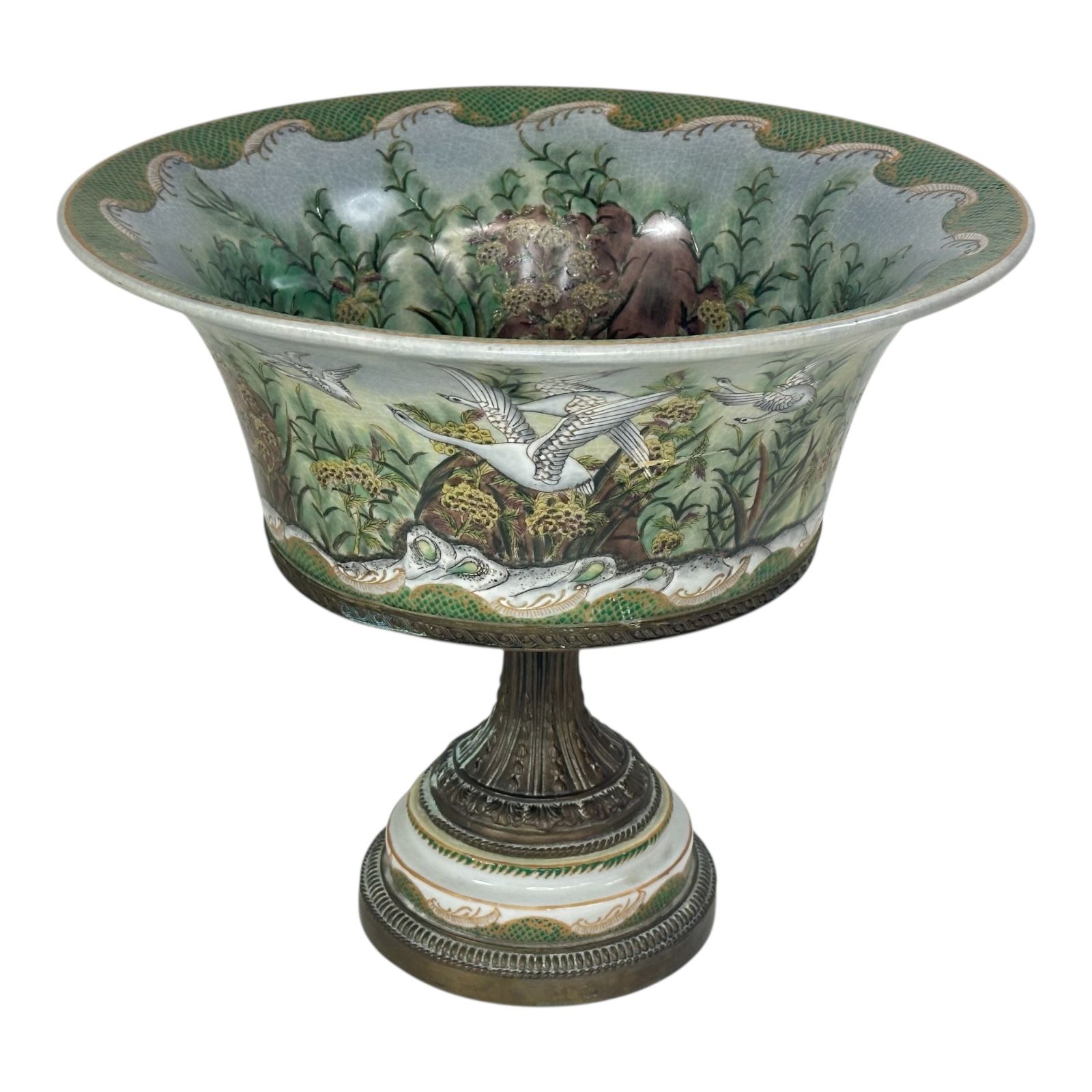 Vintage Chinese Porcelain & Bronze Crackled Glaze Pedestal Centerpiece Bowl