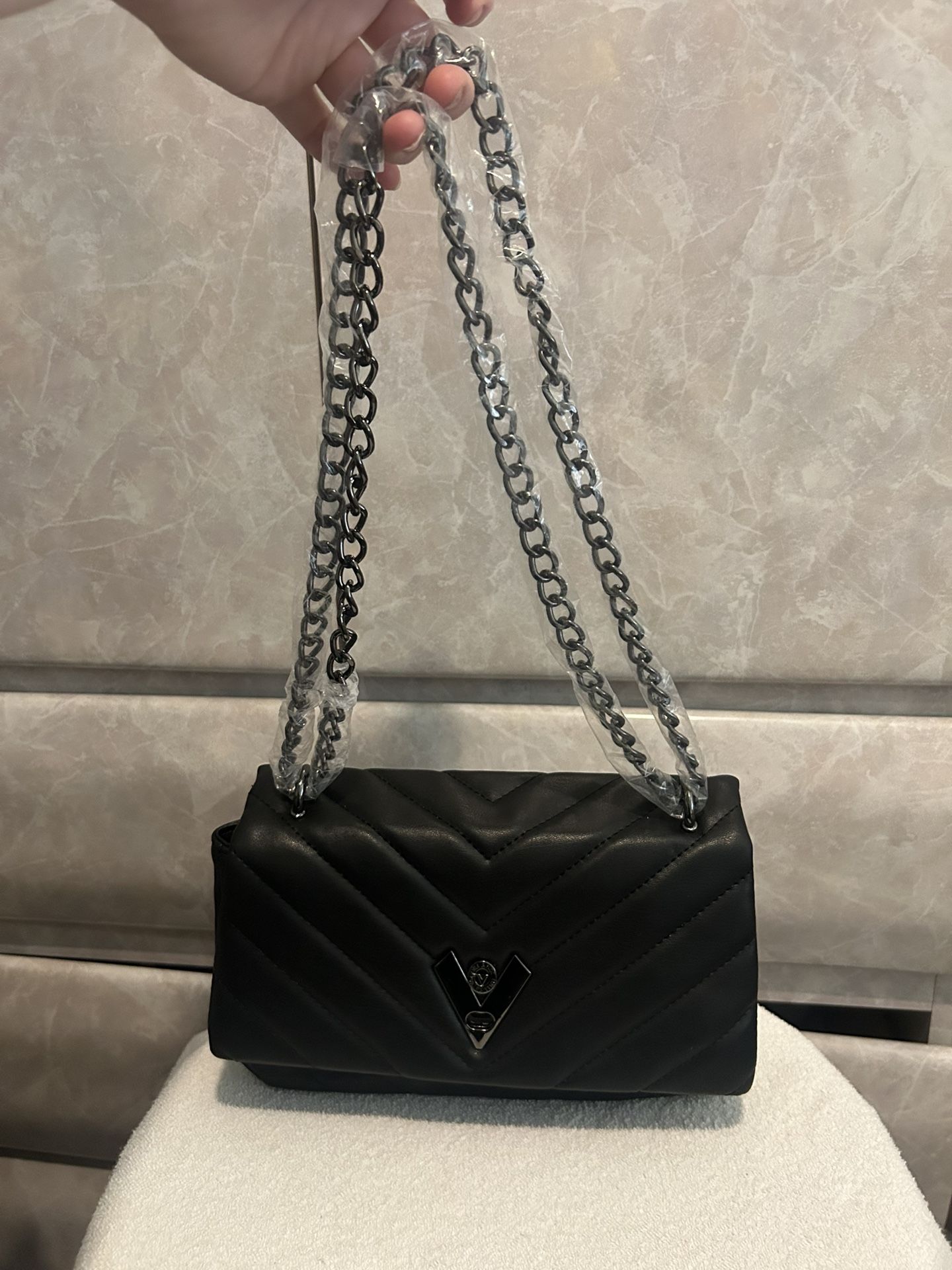 VALENTINO ORLANDI Black Quilted Shoulder Bag Purse /Metal Chain Strap Crossbody
