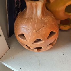 HALLOWEEN 🎃 TERRA COTTA JACK O LANTERN CANDLE HOLDER VINTAGE 