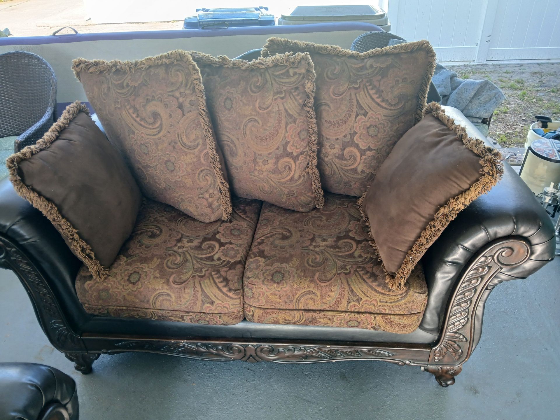 Beautiful Cherry Wood & Brown Leather-Cloth Couch - $250 OBO