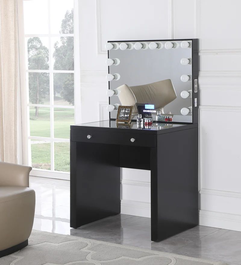 Black Vanity Desk W/ Bluetooth Hollywood Mirror