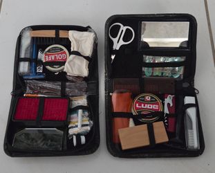 Travel Shoe Shine & Grooming Kit, complete travel grooming and shoe care set with zippered case. Includes shoe polish, brushes, scissors, combs, mirro